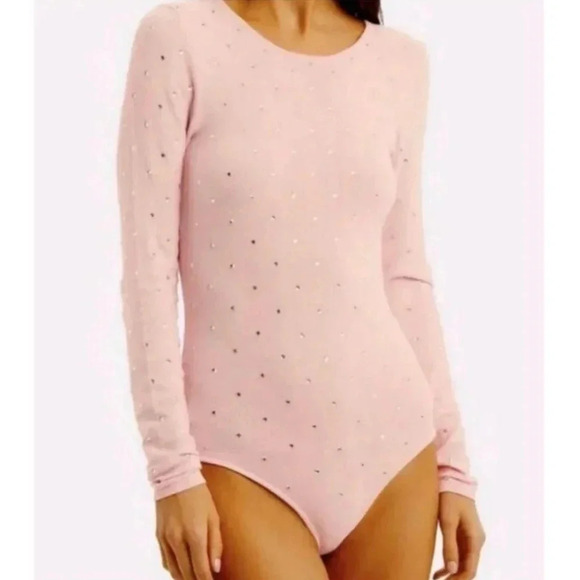 Ronny Kobo Chani Bodysuit Baby Pink Rhinestone Long Sleeve Knit Stretch XSmall - Picture 1 of 9